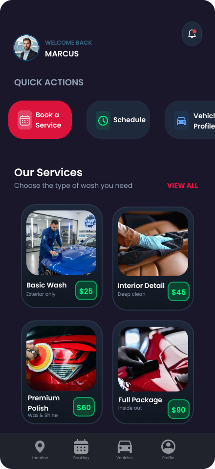 Car Detailing App — Home Screen